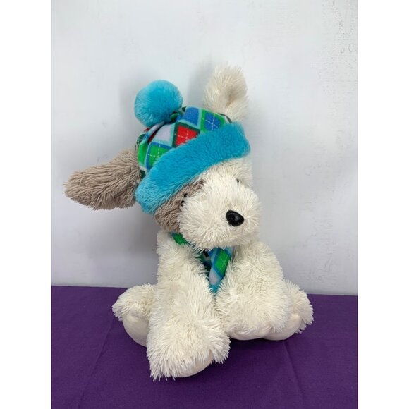 Hug Fun International 14 Inch Winter Puppy Dog White Tan Blue Green Plaid Plasti - Picture 1 of 6